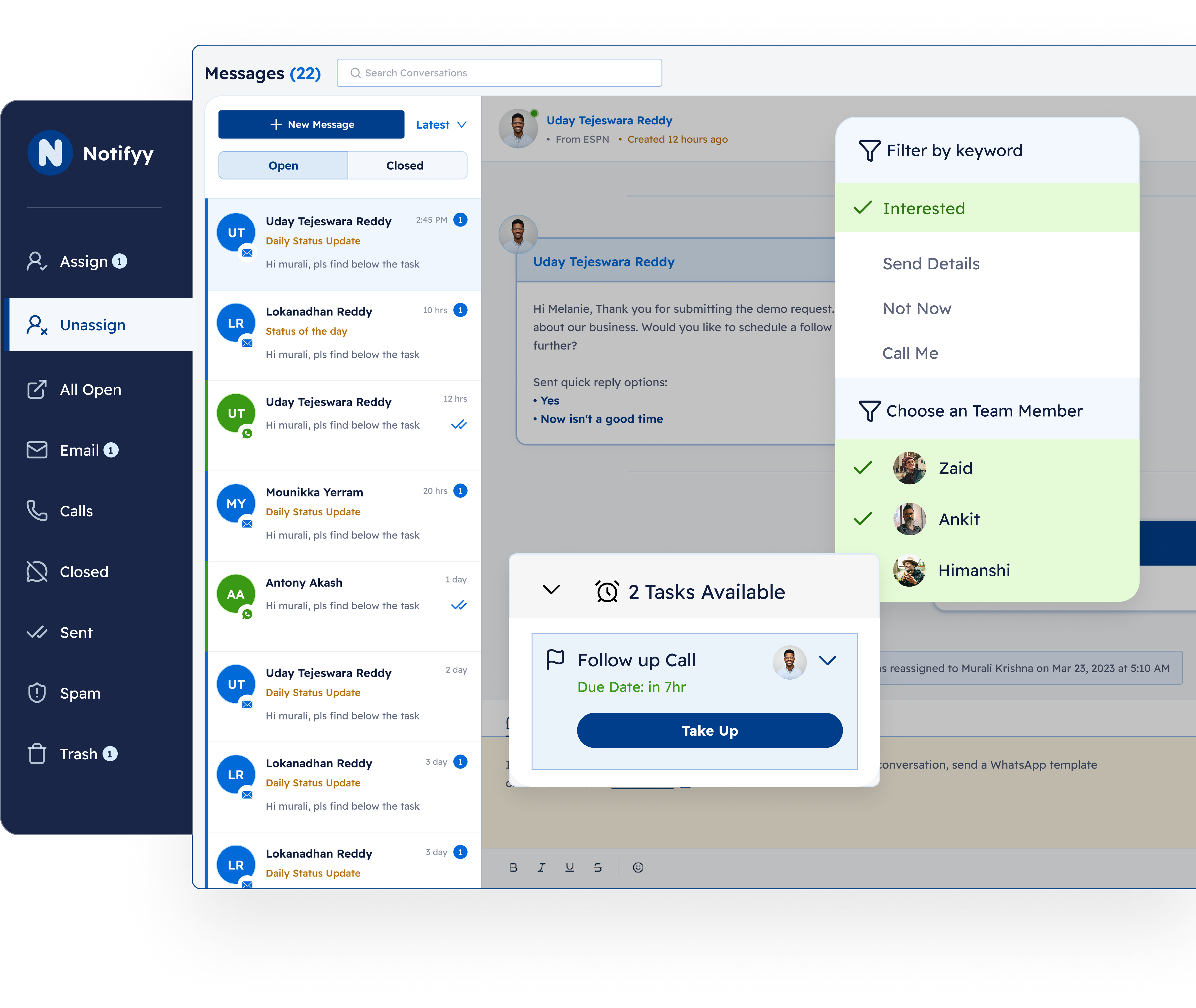 Notifyy unified inbox with real-time WhatsApp messaging